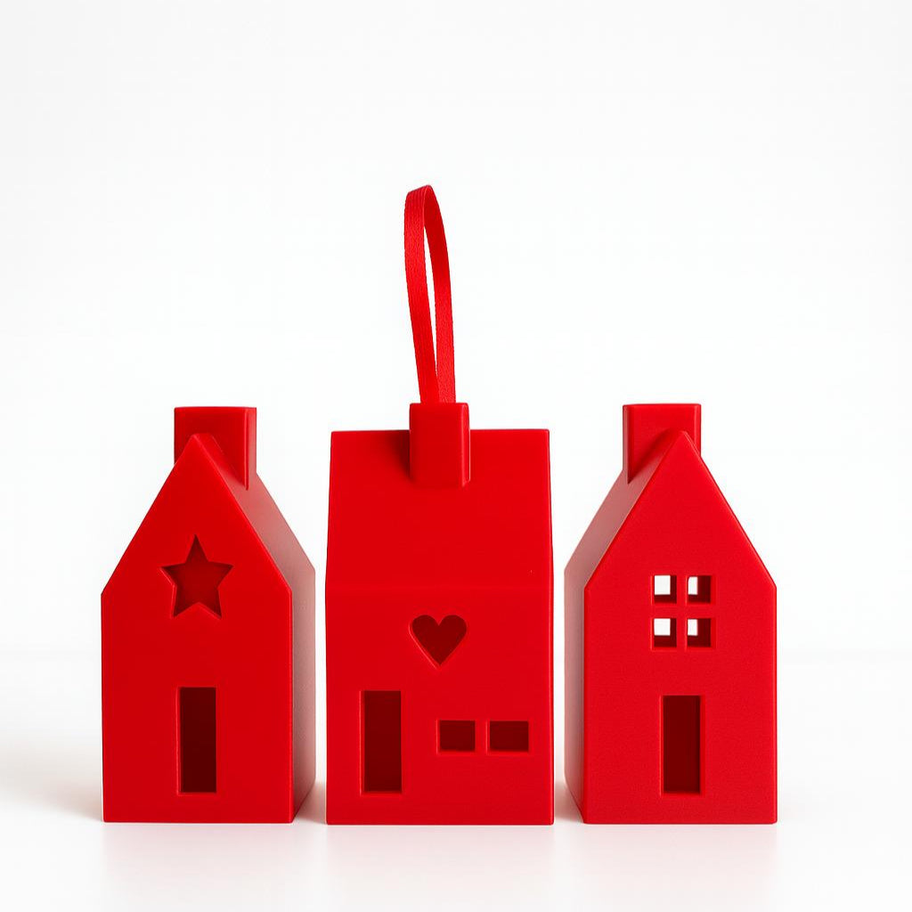 Three red house-shaped decorative items on a white background